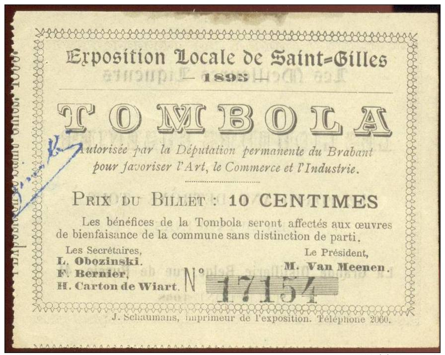 1895 EXPOSITION LOCALE DE SAINT-GILLES TOMBOLA POUR FAVORISER L'ART LE COMMERCE ET L' INDUSTRIE VERSO:  PUB LIQUEURS ... - Billets De Loterie