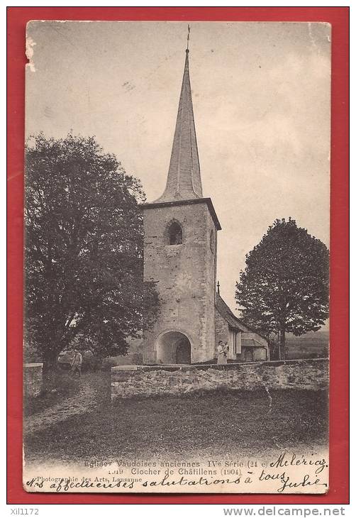 B1176 Châtillens Lavaux-Oron Eglise Et Clocher,petite Animation.Cachet Puidoux 1911.des Arts 24c,Défaut Visible Haut Gch - Châtillens