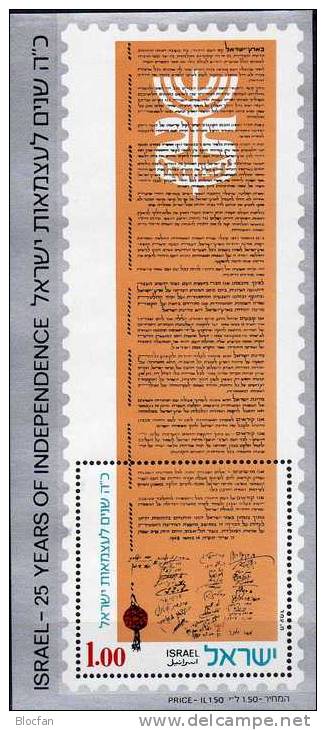 25 Jahre Unabhängigkeit 1973 Israel Block 10 ** 2€ Regierungs-Erklärung In Hebräisch Art Bloc History Sheet Of Asia - Hojas Y Bloques