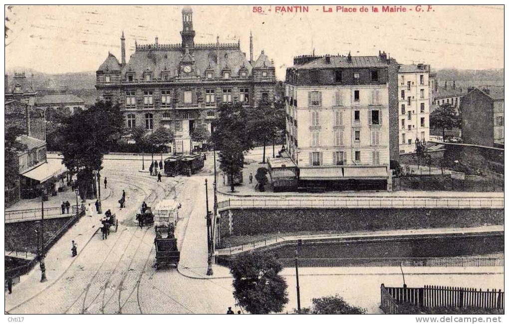 PARIS ARDT 19   PANTIN LA PLACE DE LA MAIRIE  AVEC LIGNE DE TRAMWAY  EDIT  G FRANCK   CIRC 1914 - Paris (19)