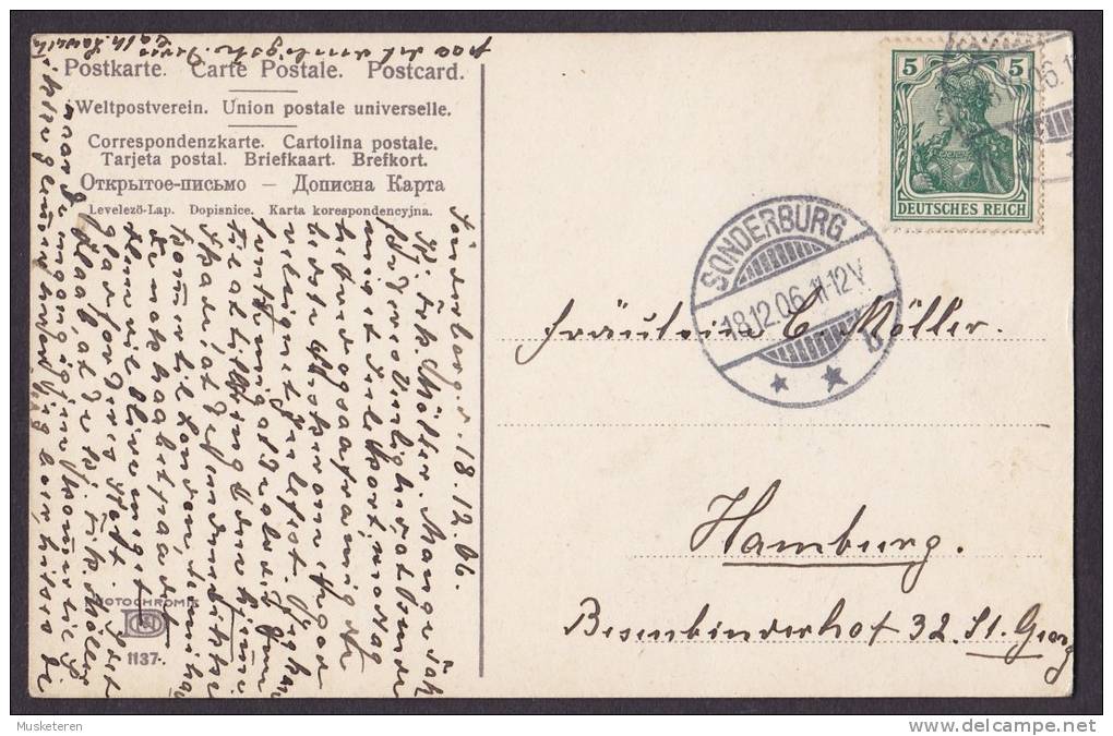 Germany Deutsches Reich Germania Deluxe SONDERBURG 1906 Post Karte To Hamburg (2 Scans) - Nordschleswig