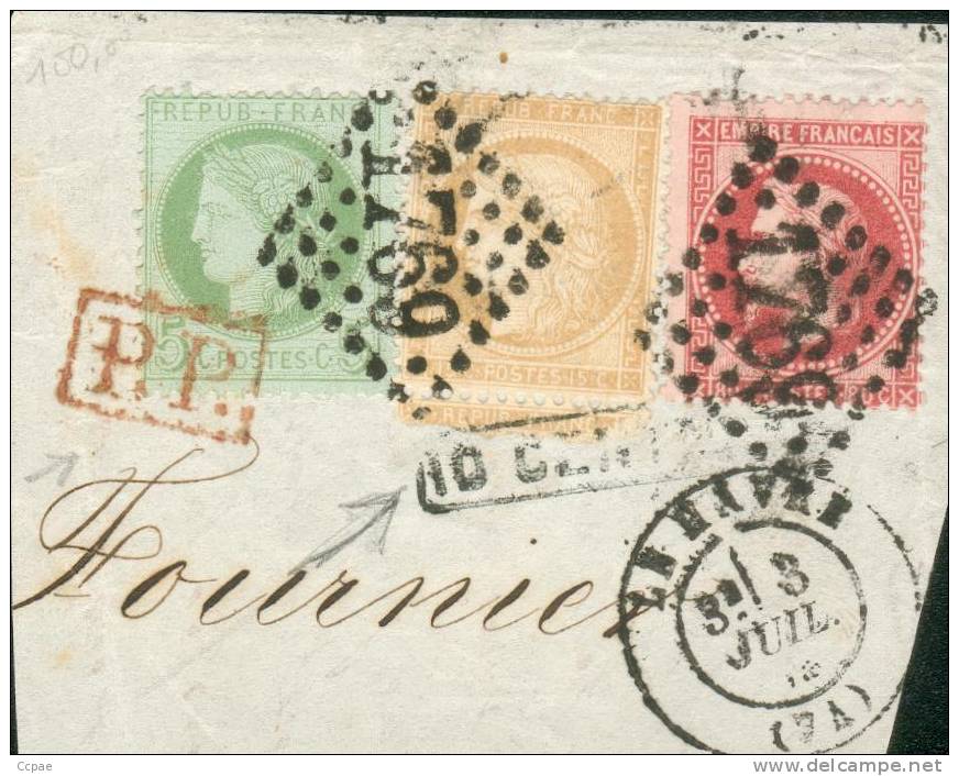 Fragment De Lettre Avec N° 32, N° 53 Et N° 59 Avec Cachet Port Payé Rouge Et Surtaxe 10 Cmes. - 1871-1875 Cérès