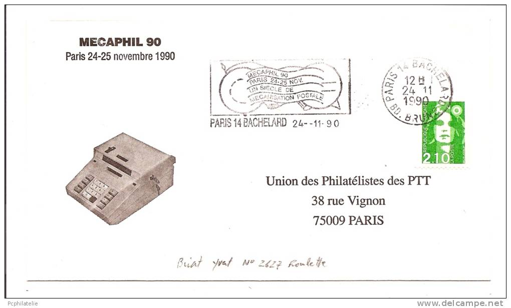 N° 2627 ROULETTE OBL FLAMME MECAPHIL 90 PARIS BACHELARD 24-11-90 / PLI SPÉCIAL - Brieven En Documenten