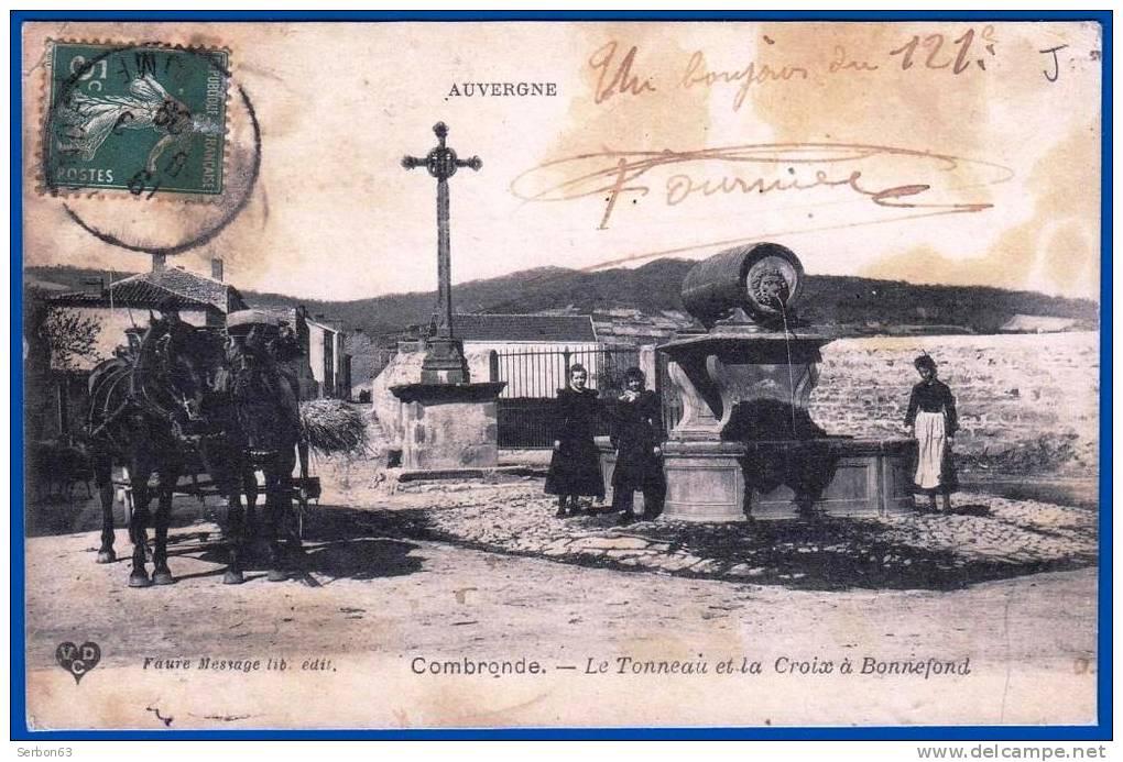 CPA CARTE POSTALE ANCIENNE 1908 TIMBRES ET CACHETS 63460 COMBRONDE AIGUEPERSE 63260 AUVERGNE PUY DE DOME - Combronde