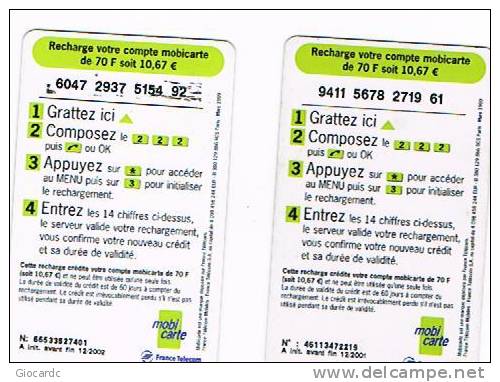 FRANCIA (FRANCE) - FRANCE TELECOM  (GSM RECHARGE) - MOBICARTE 70 OLD LOGO (LOT OF 2 DIFFERENT)  - USED° -  RIF. 5462 - Per Cellulari (ricariche)