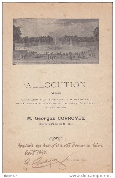 ALLOCUTION ** DEDICACEE ** M. Georges CORROYER  Chef De Musique Du 101e R.I. - 8-12 Aout 1920 - Programmes