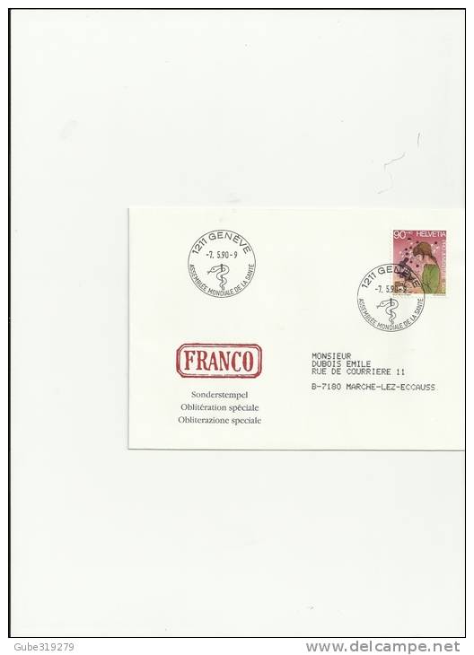 SWITZERLAND PRO JUVENTUTE 1990-COVER  ASSEMBLEÉ MONDIALE  SANTÉ W/ 1 STAMP  MILLER NR 1408 OF CHF 0,90+0,40  7.5..1990 - Brieven En Documenten