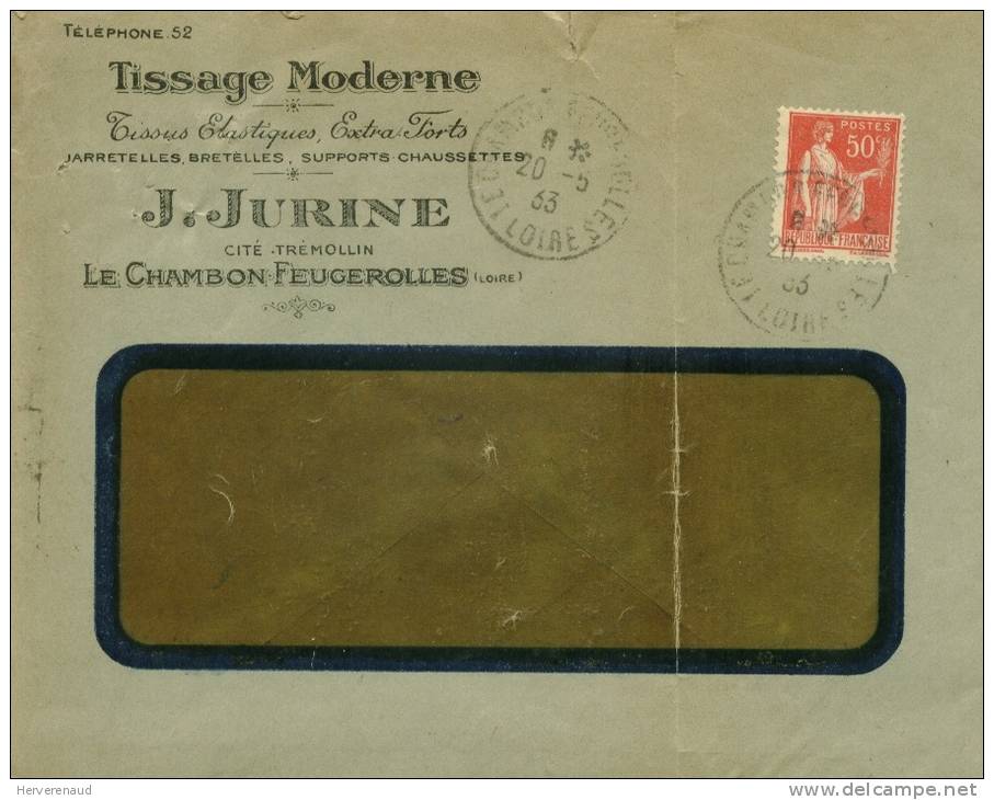 Paix N°283 Sur Lettre "tissage Jurine" à Chambon-Feugerolles (Loire) , Pour Chalon-sur-Saône - 1932-39 Vrede