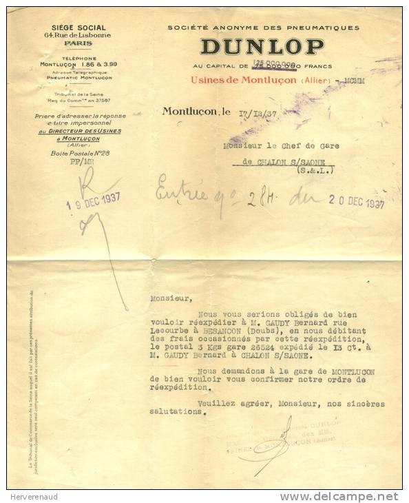 Paix N°365 Sur Lettre "pneumatiques Dunlop" à Montluçon , Pour Chalon-sur-Saône - 1932-39 Vrede