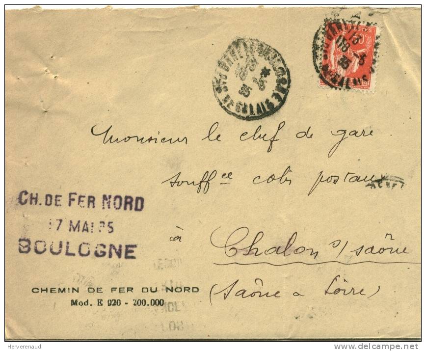 Paix N°283 Sur Lettre Des Chemins De Fer Du Nord à Boulogne, Pour Chalon-sur-Saône - 1932-39 Peace