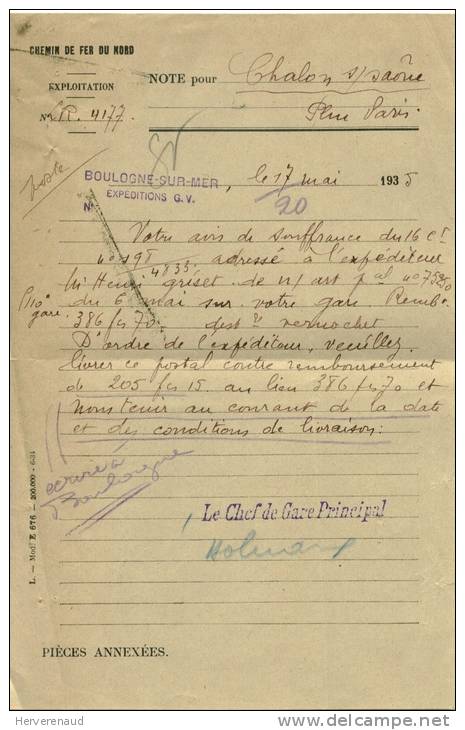 Paix N°283 Sur Lettre Des Chemins De Fer Du Nord à Boulogne, Pour Chalon-sur-Saône - 1932-39 Peace