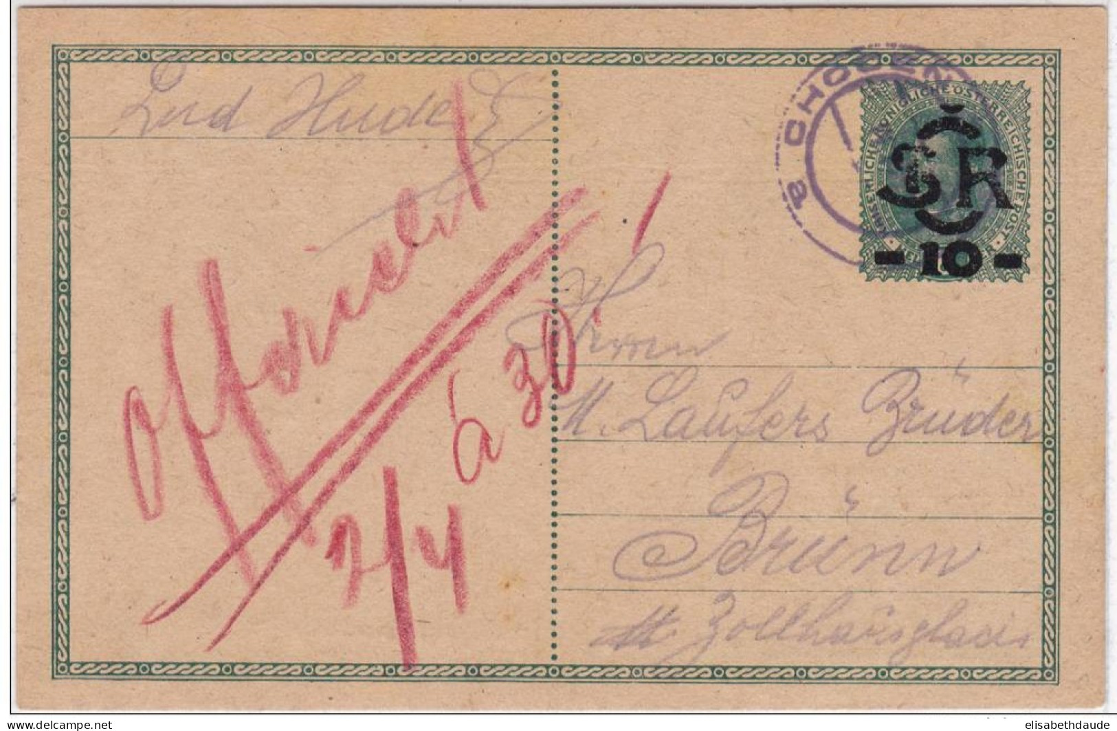 TCHECOSLOVAQUIE - 1919 - RARE CARTE POSTALE ENTIER D'AUTRICHE SURCHARGEE CSR De CHOTZEN Pour BRÜNN (BRNO) - Cartes Postales