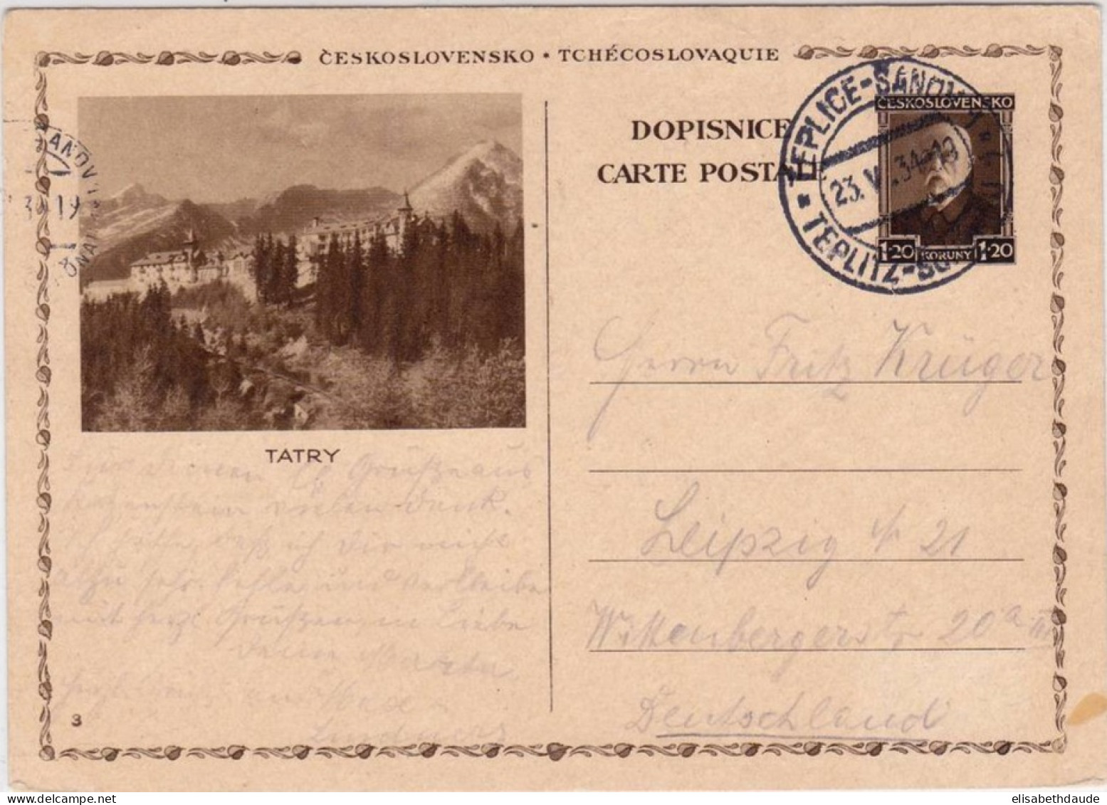 TCHECOSLOVAQUIE - 1934 - CARTE POSTALE ENTIER ILLUSTREE (BILDPOSTKARTE) De TEPLICE Pour LEIPZIG (GERMANY) - Cartes Postales