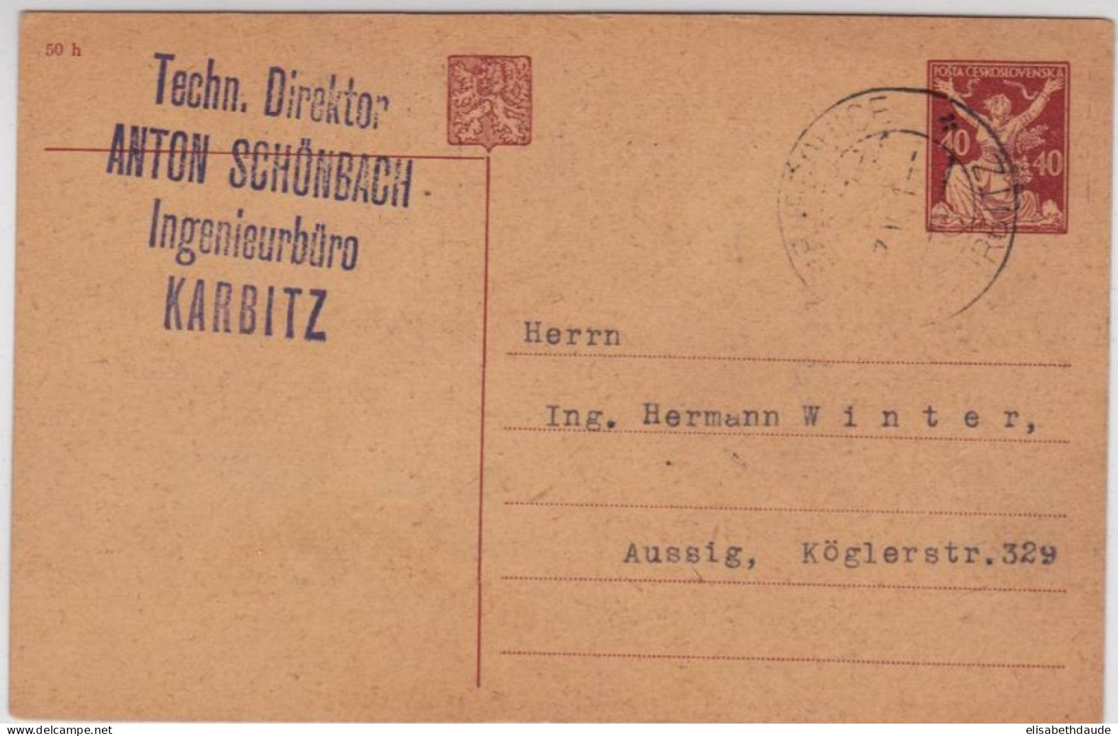 TCHECOSLOVAQUIE - 1921 - CARTE POSTALE ENTIER De KARBITZ Pour AUSSIG - Cartoline Postali