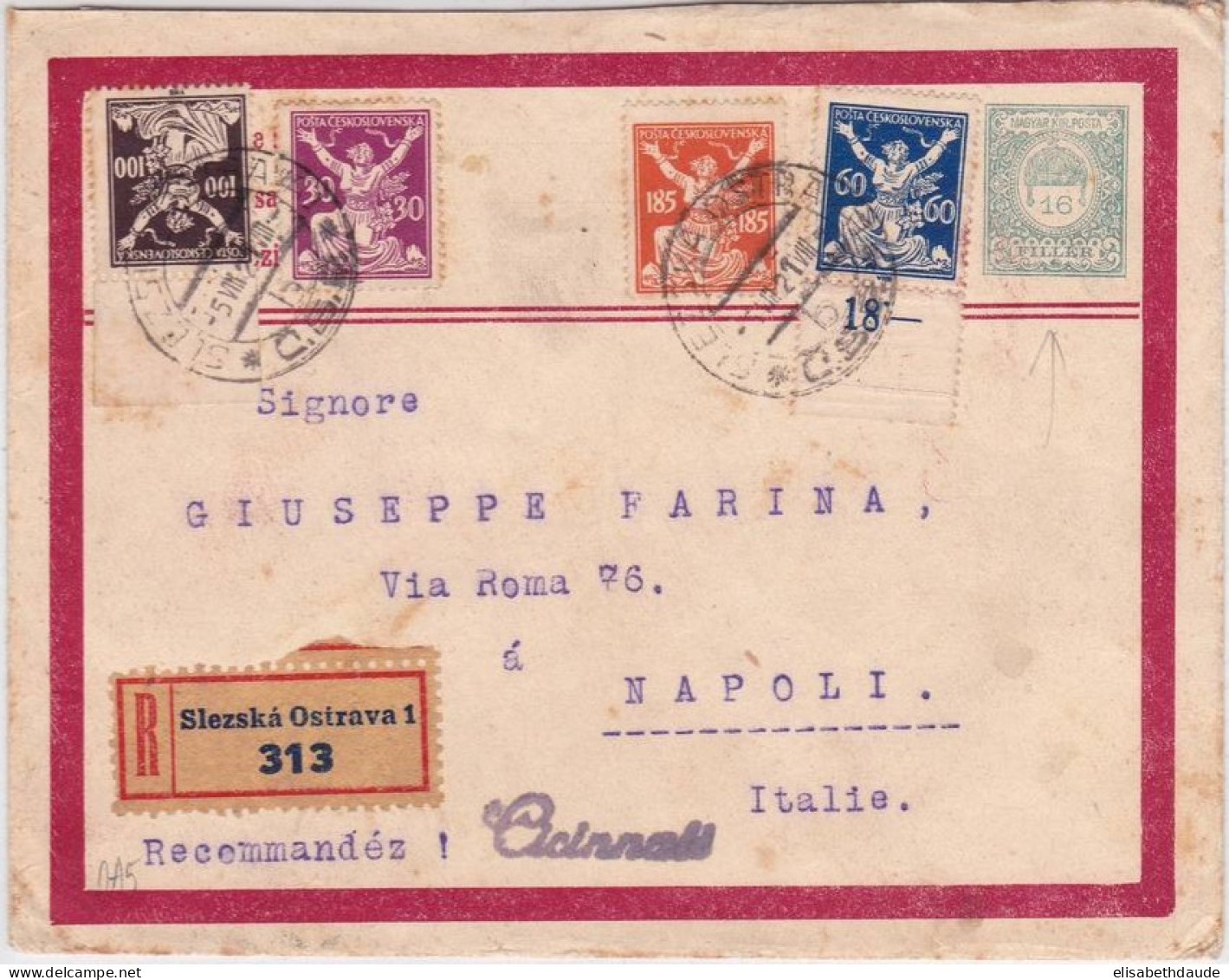 TCHECOSLOVAQUIE - 1921 - RARE ENVELOPPE RECOMMANDEE HONGROISE (MIXTE) De SLEZSKA OSTRAVA Pour NAPOLI (ITALY) - Briefe