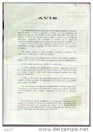 Facture Abonnement Force Motrice Energie Electrique Du Littoral Méditerranéen Du 30-09-1925 - Tp Fiscal 25c - Electricity & Gas