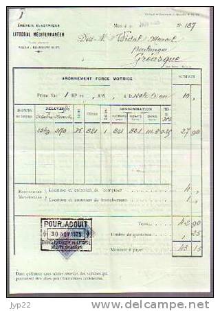 Facture Abonnement Force Motrice Energie Electrique Du Littoral Méditerranéen Du 30-11-1925 - Tp Fiscal 25c - Electricité & Gaz