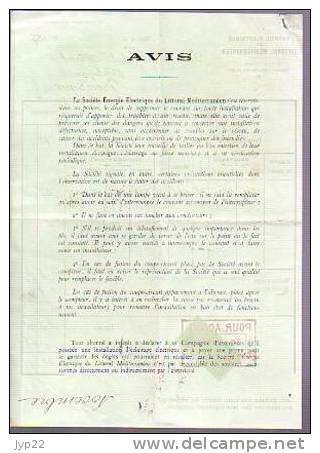 Facture Abonnement Force Motrice Energie Electrique Du Littoral Méditerranéen Du 30-11-1925 - Tp Fiscal 25c - Electricité & Gaz