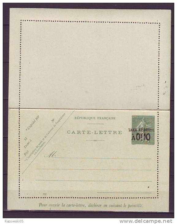 FRANCE. TIMBRE CARTE POSTALE. ENTIER. LETTRE. SEMEUSE. TAXE REDUITE - Kaartbrieven