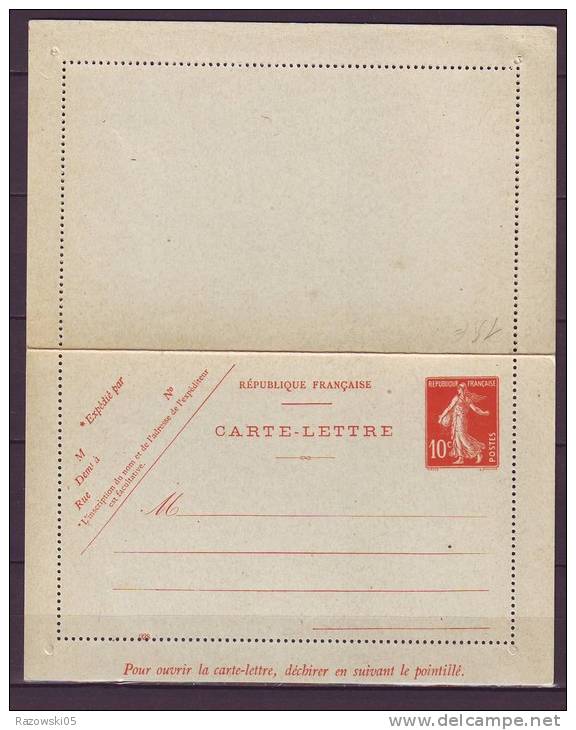 FRANCE. TIMBRE. ENTIER POSTAL. SEMEUSE. CARTE LETTRE. SEMUSE. 10 CENTIMES - Kaartbrieven