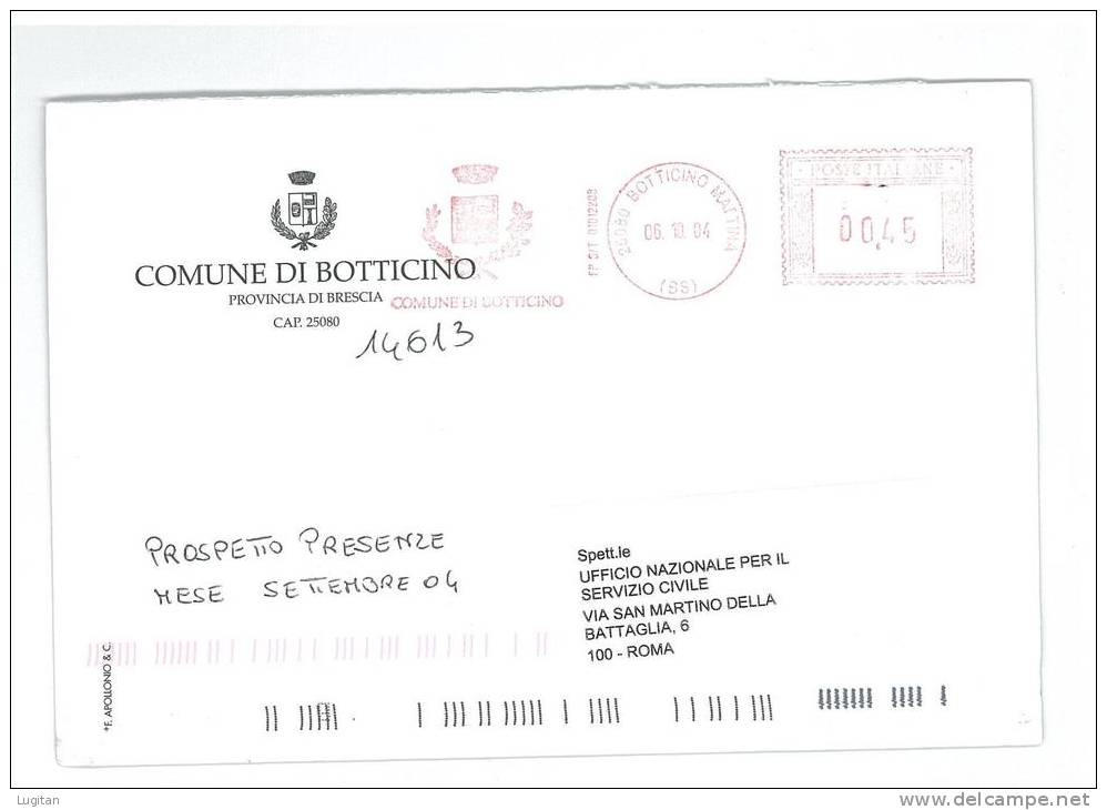 BOTTICINO CAP 25080  PROV. BRESCIA - BS  - ANNO 2004 - AA - LOMBARDIA - TEMATICA COMUNI D'ITALIA - STORIA POSTALE - Macchine Per Obliterare (EMA)