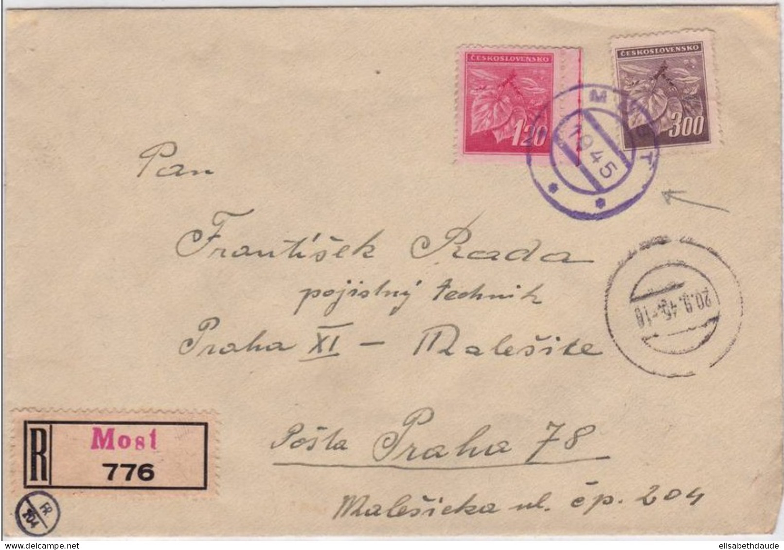 TCHECOSLOVAQUIE - 1945 - ENVELOPPE RECOMMANDEE Avec CACHET PROVISOIRE De MOST - Brieven En Documenten