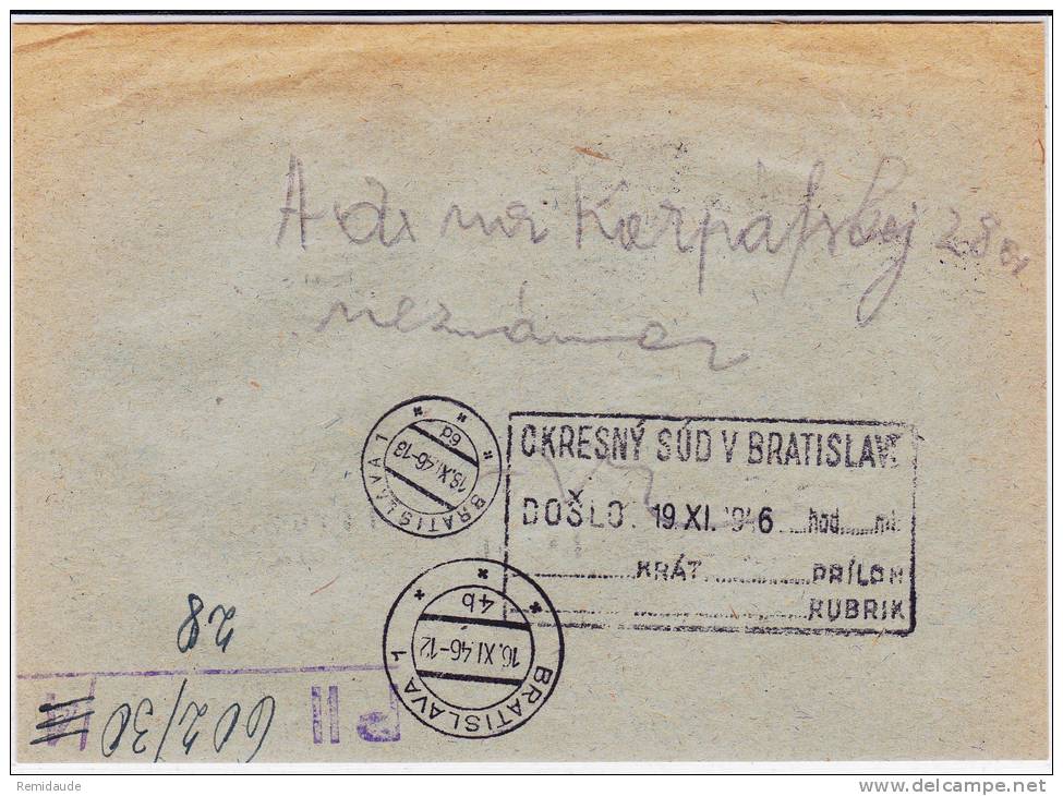 TCHECOSLOVAQUIE - 1946 - RARE ENVELOPPE RECOMMANDEE De BRATISLAVA Avec TIMBRES DE SERVICE - Storia Postale