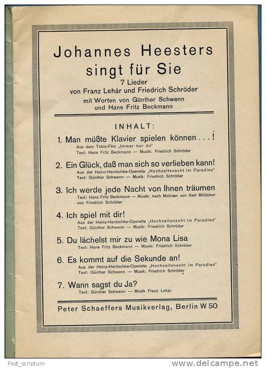 Partitions - Johannes Heesters, Sing Für Sie - Recueil De 7 Partitions De Tango, Fox Trott, Serenade ... - Scholingsboek