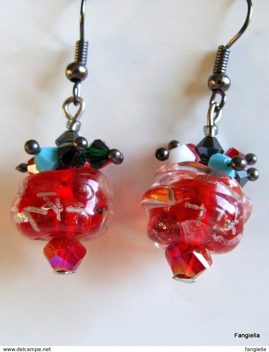 Boucles D'oreilles Rouges En Verre Filé Au Chalumeau Et Perles En Cristal Swarovski - Boucles D'oreilles