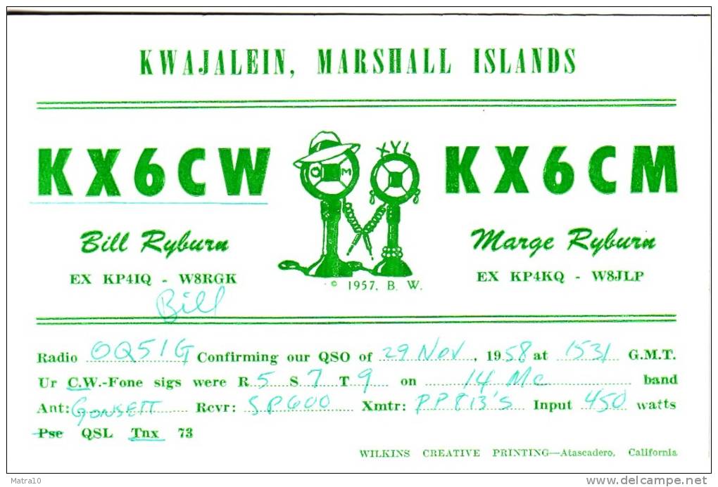 CARTE QSL CARD 1958 RADIOAMATEUR RADIO MARSHALL ISLANDS KX6 KWAJALEIN - Marshalleilanden