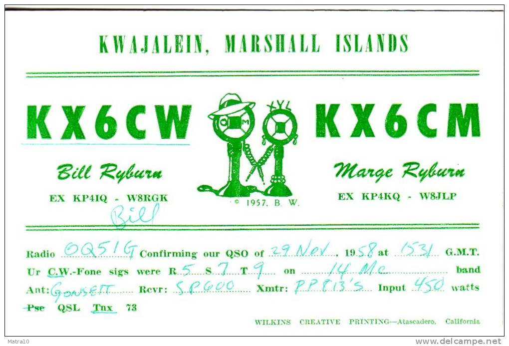 CARTE QSL CARD 1958 RADIOAMATEUR RADIO MARSHALL ISLANDS KX6 KWAJALEIN - Marshall Islands