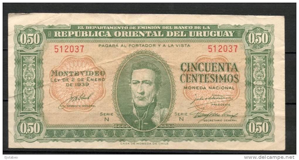 14- URUGUAY -1939 Billetes Emitidos  De 1939 A 1966 De  0.50 Peso Term. 037-Serie N  (Ver Foto) - Uruguay