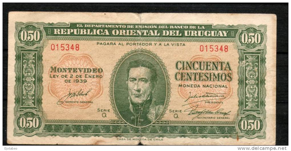 14- URUGUAY -1939 Billetes Emitidos  De 1939 A 1966 De  0.50 Peso Term. 348-Serie Q  (Ver Foto) - Uruguay