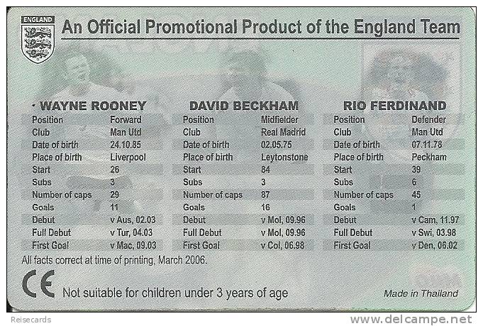 Football Team England - 3D Card - Wayne Rooney, David Beckham, Rio Ferdinand - Other & Unclassified