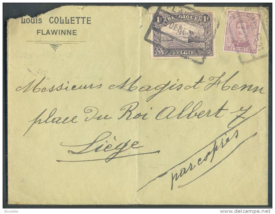 N°140-145 - 20 Centimes Lilas + 1 Fr. Violet, Obl. Ferroviaire FLAWINNE S/L. (déchirure En Haut) En Exprès Le 13 Décembr - 1915-1920 Albert I