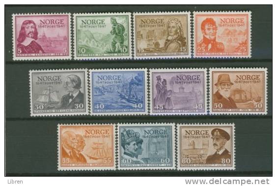 NORWAY 1947 YV 293-303 NORWEGIAN POST. MNH, POSTFRIS, NEUF**. 293 SOME BLACK ON GUMSIDE, ALBUMZWART. VERY FINE QUALITY. - Unused Stamps