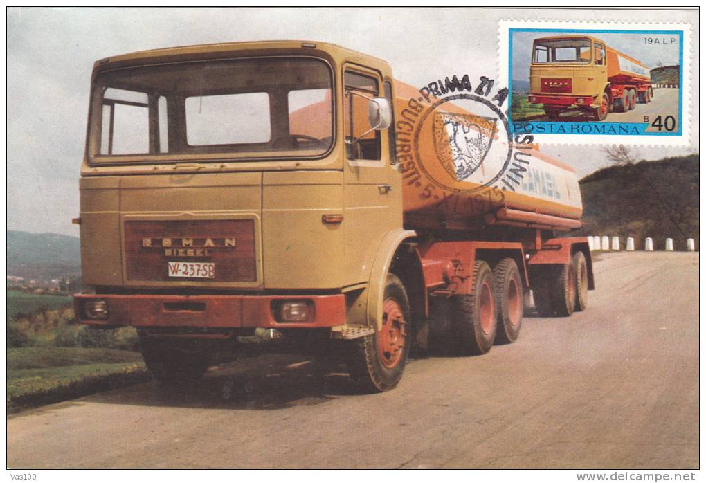 Tanker Truck, 1975 CM,maxicard,cartes Maximum Oblit. FDC,premier Jour - Romania. - LKW