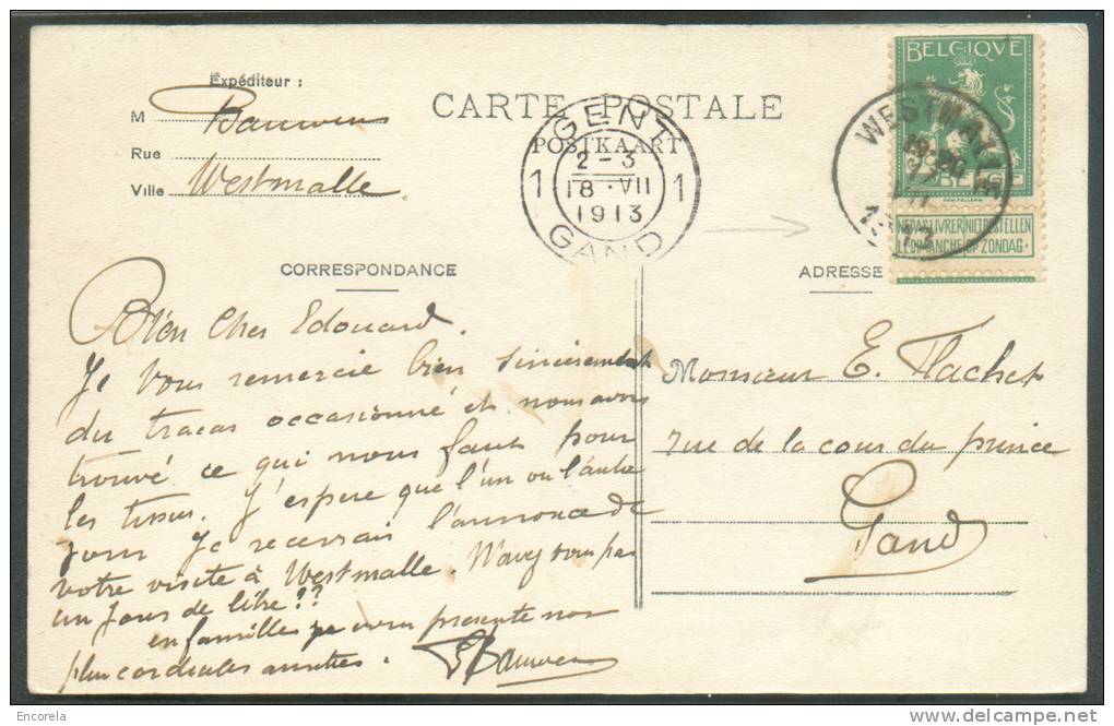 N°110 (timbre Du Carnet) Obl. Sc WESTMALLE S/CV Du 17-7-1913 Vers Gand.  Rare Et TB  - 7348 - 1907-1941 Anciens [A]