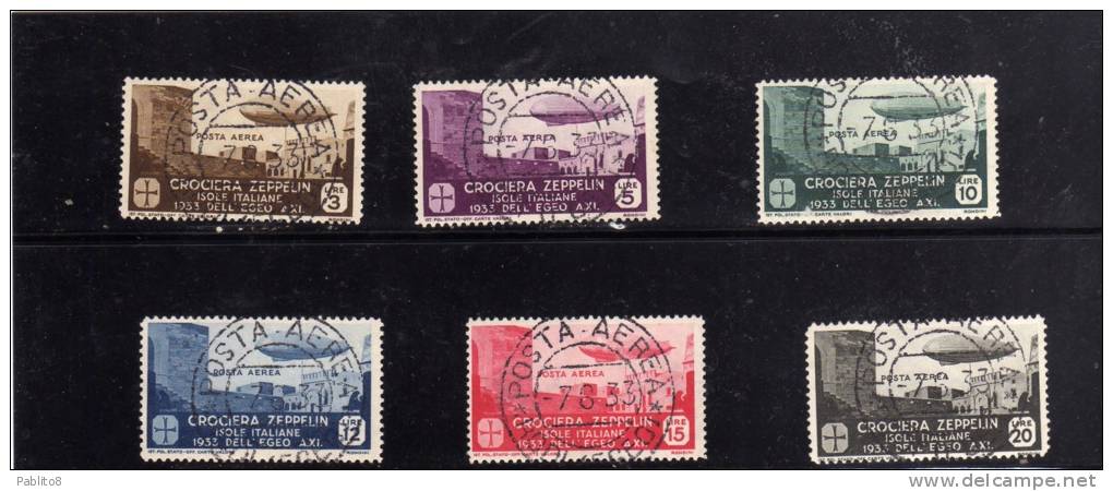 EGEO 1933 CROCIERA ZEPPELIN POSTA AEREA AIR MAIL SERIE COMPLETA COMPLETE SET USATA USED OBLITERE' - Egeo