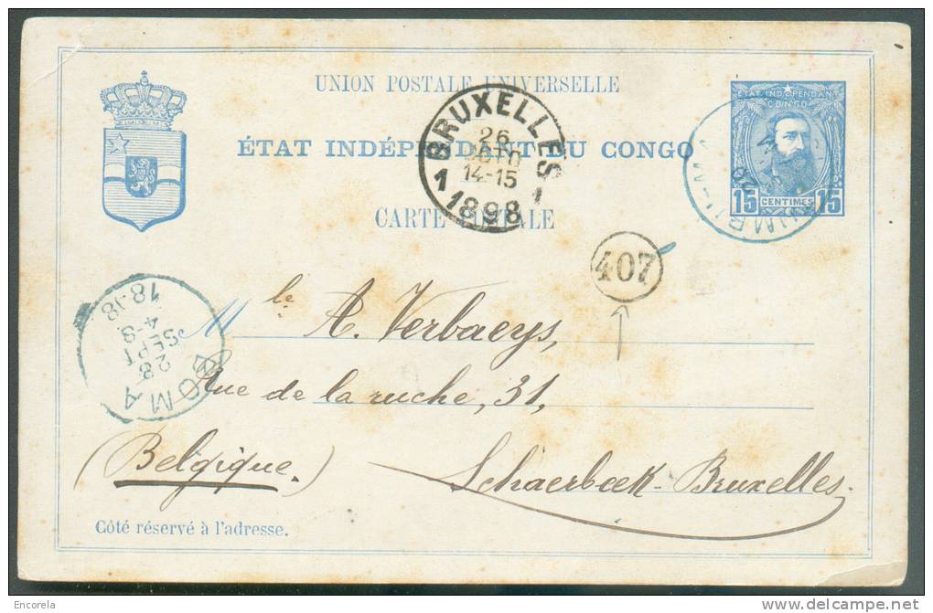 E.P. Carte 15 Centimes Bleue, Obl. Sc Bleue TUMBU-MANI Du 20 Septembre 1898 Vers Schaerbeek, Via Boma Et Bruxelles. - 73 - Interi Postali