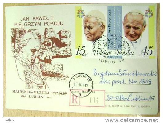 1987 POLAND POLSKA REGISTERED LETTER POPE JOHN PAUL II VISIT MAJDANEK PAPST PAPA - Popes