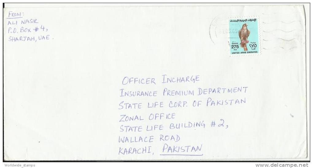 UNITED ARAB EMIRATES Airmail Cover To Pakistan, Falcon, 275f,1990, Feb. 17 - United Arab Emirates (General)