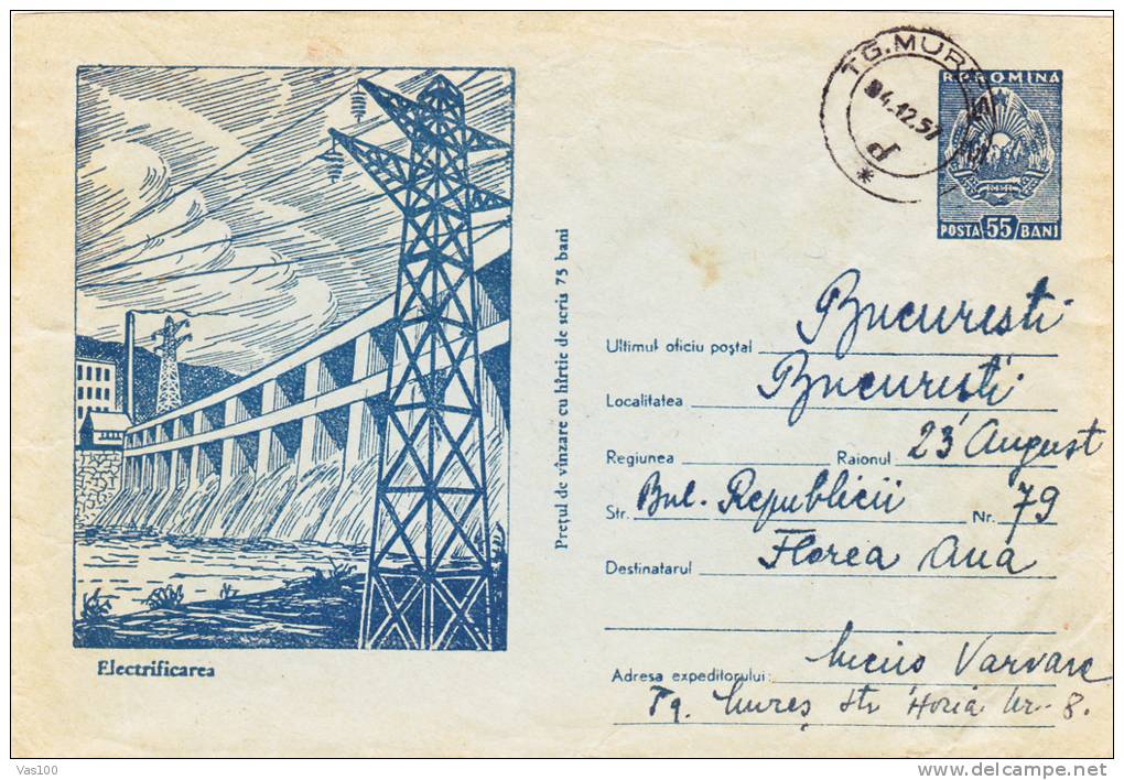 BARRAGE,ENERGIES ,ELECTRICITE 1957 Cover Stationery Entier Postal  Romania. - Electricity