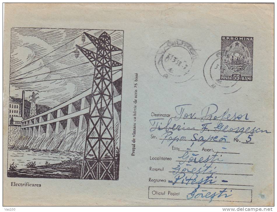 BARRAGE,ENERGIES ,ELECTRICITE 1958 Cover Stationery Entier Postal  Romania. - Elektriciteit