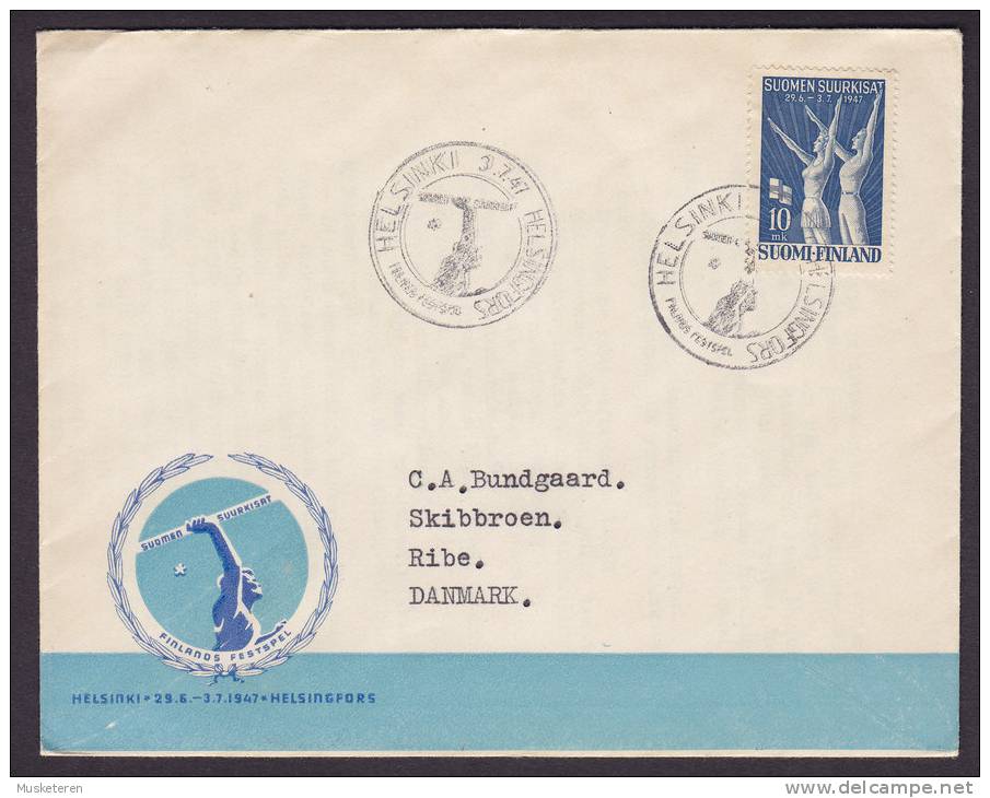 Finland 1947 Cover To RIBE Denmark Finlands Festspel Cachet - Cartas & Documentos