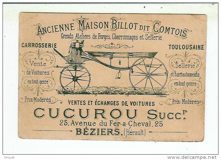 BEZIERS - CHROMO  PUBLICITAIRE - CHARRONAGES - SELLERIES - VOITURES - VOITURES - CUCUROU Succ - Pubblicitari