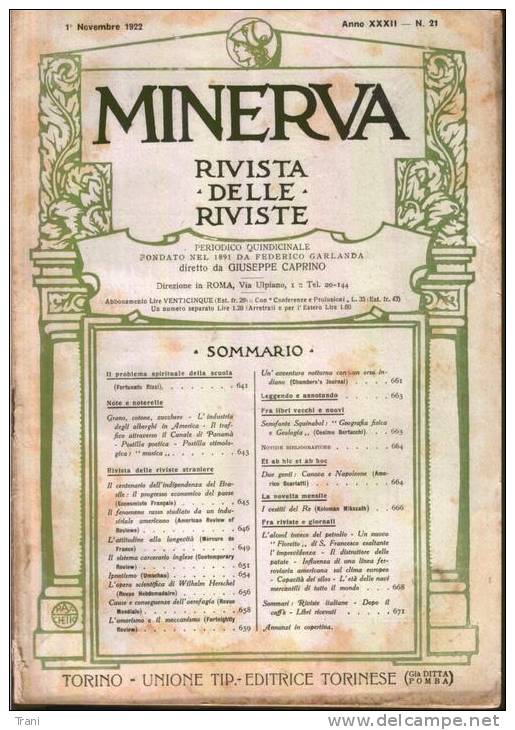 MINERVA - RIVISTA DELLE RIVISTE - Anno 1922 - Libros Antiguos Y De Colección