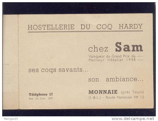 Monnaie Hostellerie Du Coq Hardy Chez Sam Tel.17 édit.theillet Sam & Ses Coqs Savants Carte Double 1948 ? Publicité - Monnaie