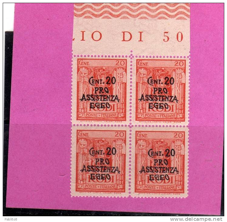 EGEO 1943 PRO ASSISTENZA EGEO 20 + 20C  MNH QUARTINA - Egée (Duitse Bezetting)