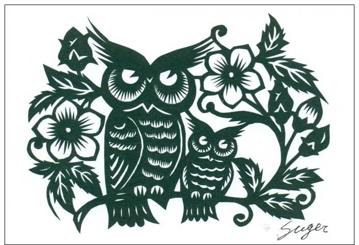 Owl / Hibou / Uil / Postcard With DIY Chinese Paper Cut - Vögel